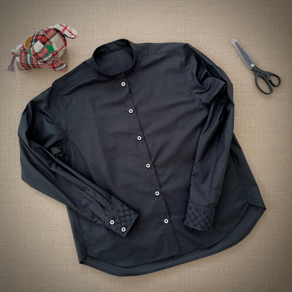 Officer Collar Black Shirt with Sashiko Cuffs